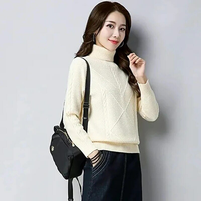 Suéter de lã de pescoço alto feminino, versão coreana, solto, manga comprida, camisa de fundo de malha, top coringa, moda fina, outono