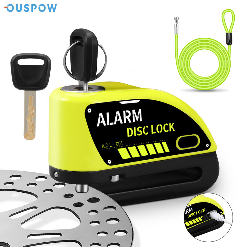 Ouspow-Recarregável Anti-Theft Motocicleta Lock, Alarme 120dB, Freio a disco Locks, Segurança Roda Disco Lock, impermeável com cabo de 1,8 m