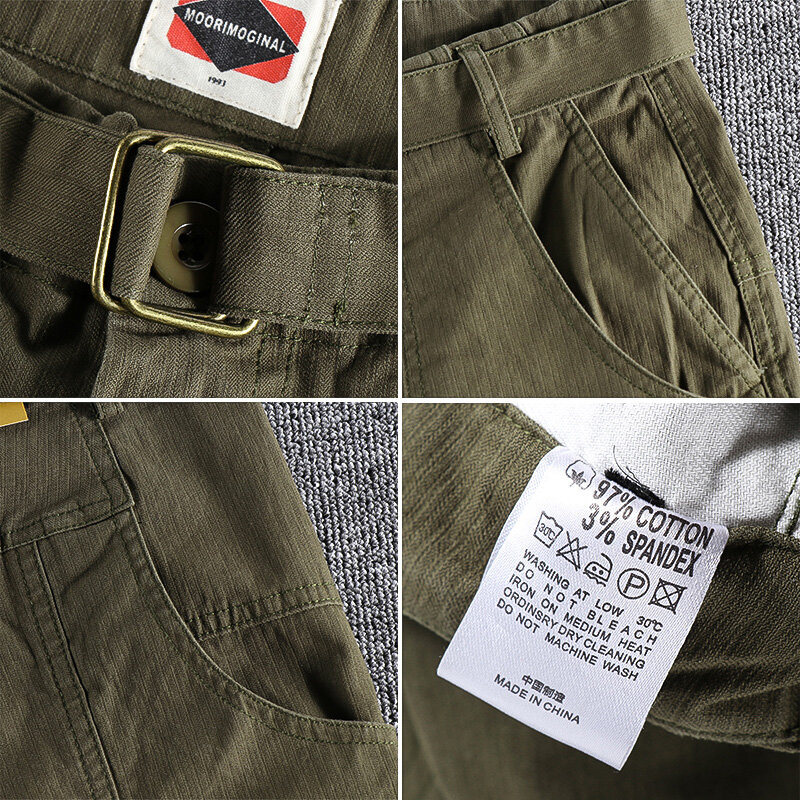 Estate nuovi pantaloncini Cargo intrecciati retrò americani moda uomo 97% cotone lavato Multi-tasca Casual pantaloni larghi a 5 punti con cintura