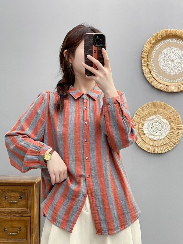 Camisa de manga larga de algodón para mujer, Top informal a rayas, camisa holgada Retro, escote, Primavera, novedad
