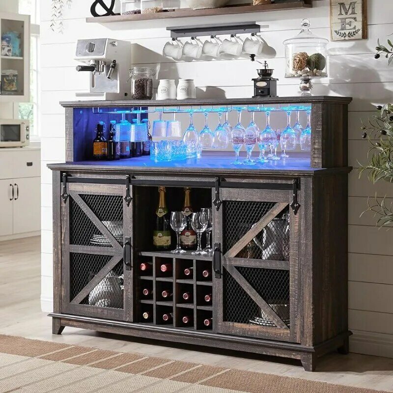 OKD Farmhouse-Armoire à café-bar avec lumières LED, buffet de 55 ", table avec porte de grange market, vin et verre T1