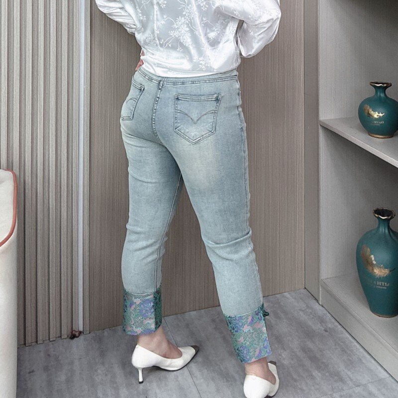 Jeans reto chinês feminino, cintura alta, elástico, botão de nó vintage, costura jacquard, calças finas, plus size, primavera, verão, 2024