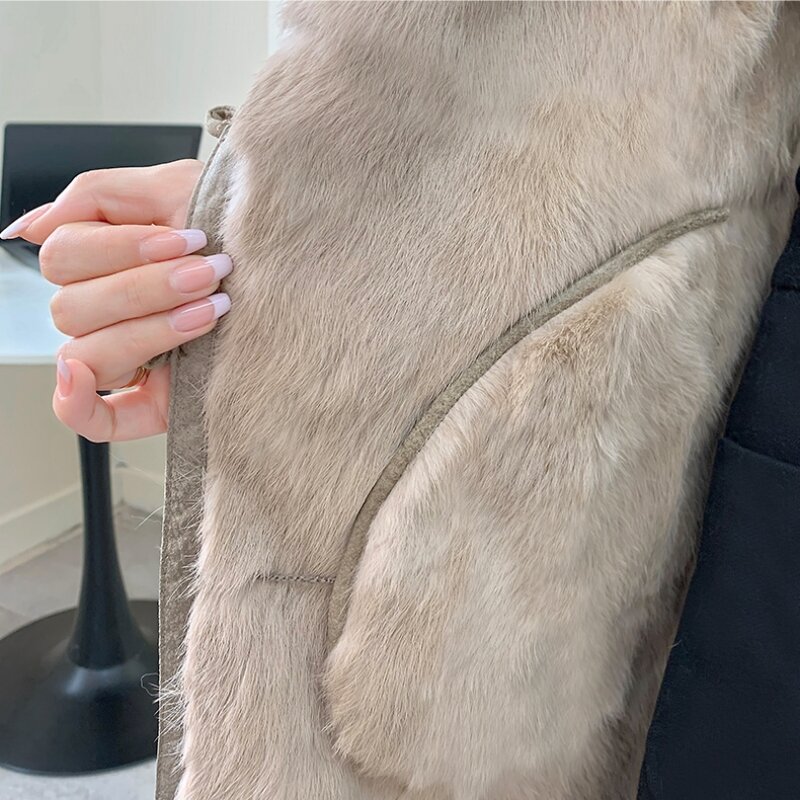 Jaket Kulit Kelinci Dua Wajah Asli Baru untuk Wanita Mantel Panjang Kerah Bulu Rubah Asli Musim Dingin IL00650