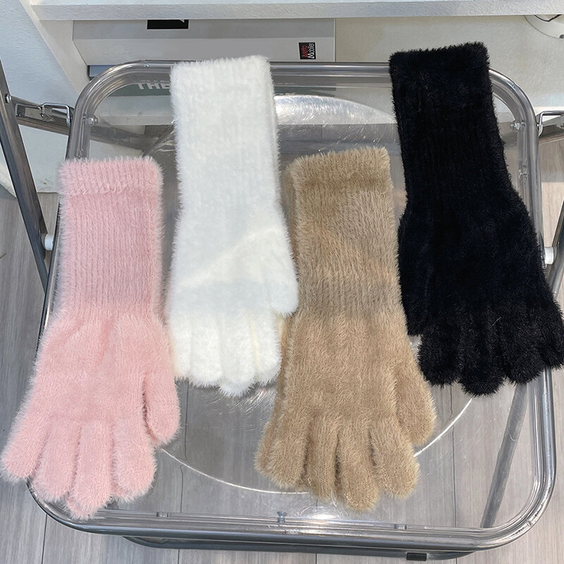 Женские зимние плюшевые длинные перчатки, уличные вязаные варежки с пальцами, однотонные элегантные теплые мягкие перчатки для катания на лыжах