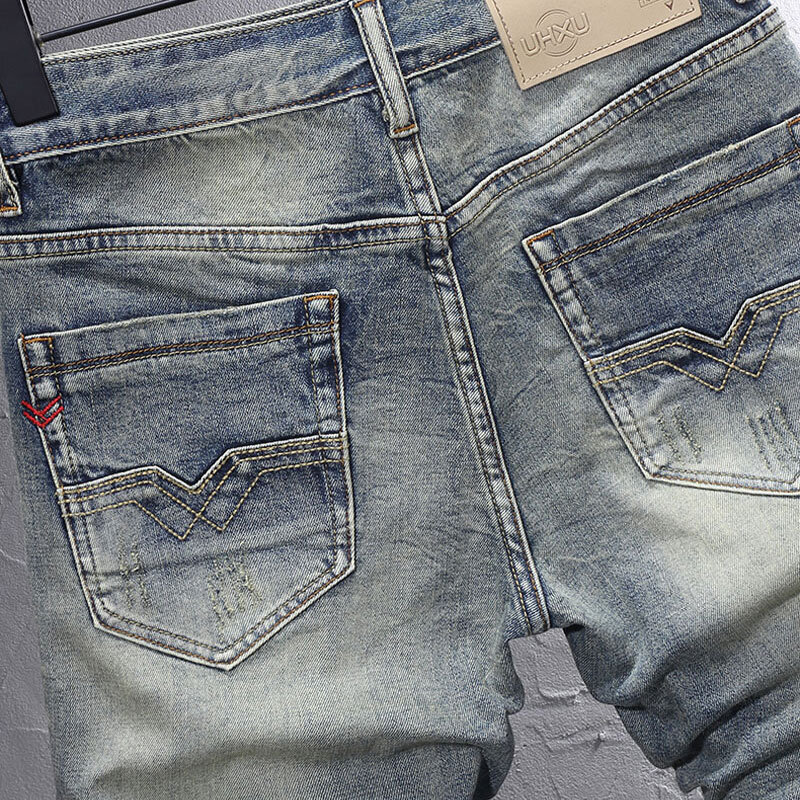 Jeans sobek pas badan untuk pria, celana Denim Retro biru elastis, celana Jeans pendek musim panas kasual Vintage