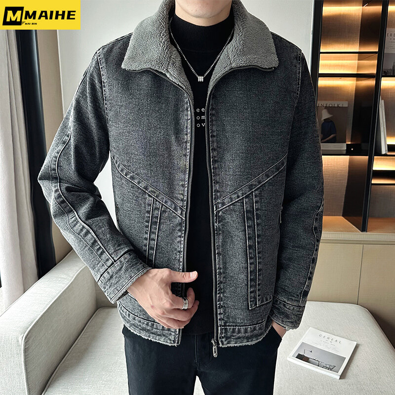Зимняя мужская куртка с лацканами из овечьей шерсти утепленная джинсовая куртка в Корейском стиле приталенная Повседневная Высококачественная Мужская одежда