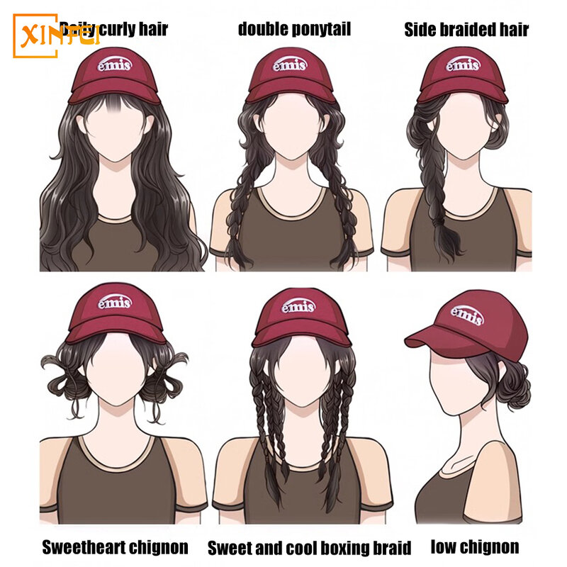 Synthetic Big Wave Wig Hat One-piece Female Fluffy Natural Fashion Wine Red Adjustable Baseball Cap New Long Curly Full Top Wig