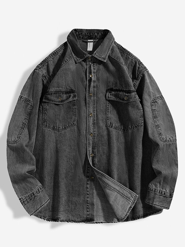 2023 New Denim Cotton Men's Shirt Long Sleeve Black Blue Drop Shoulder Button Pockets Cowboy Loose Casual Work Jeans Shirts