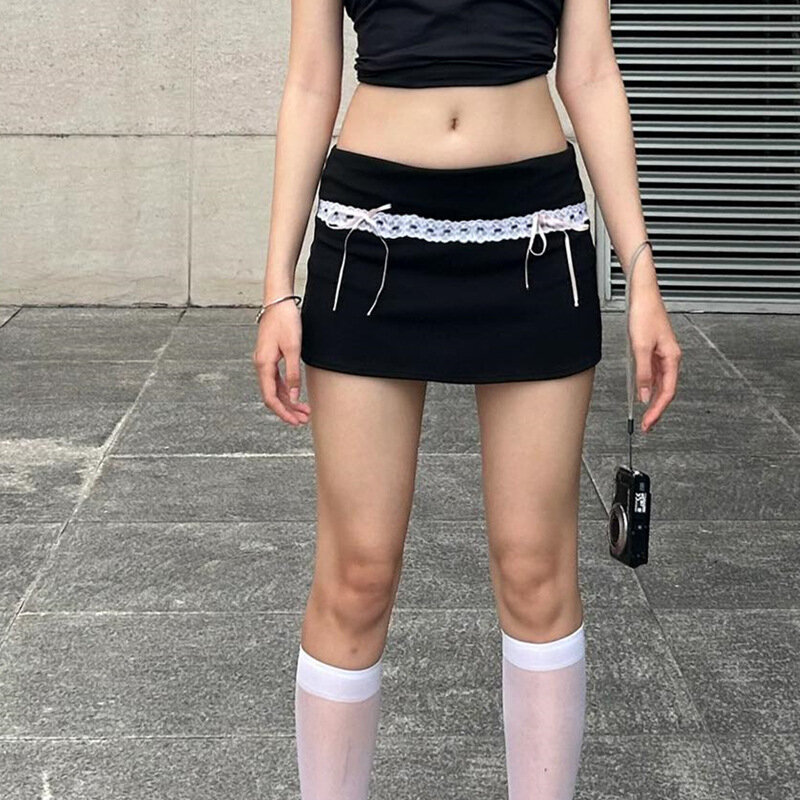 Koronkowy ścieg czarna spódnica kobiet Y2K kokarda sznurowana do góry spódnice biodrówki seksowna obcisła z niską talią krótkie sukienki moda pikantna dziewczyna Streetwear