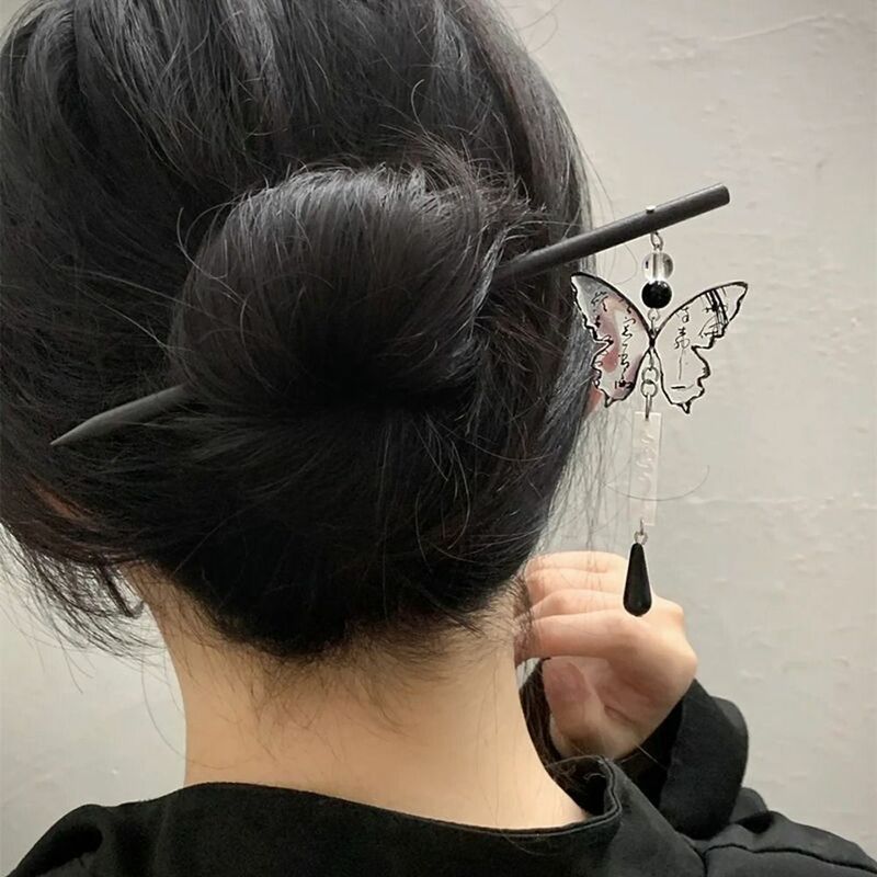 Jepit rambut kupu-kupu gaya Tiongkok hiasan rambut kaligrafi stik rambut rumbai Resin gesper rambut liontin bulat perhiasan mode