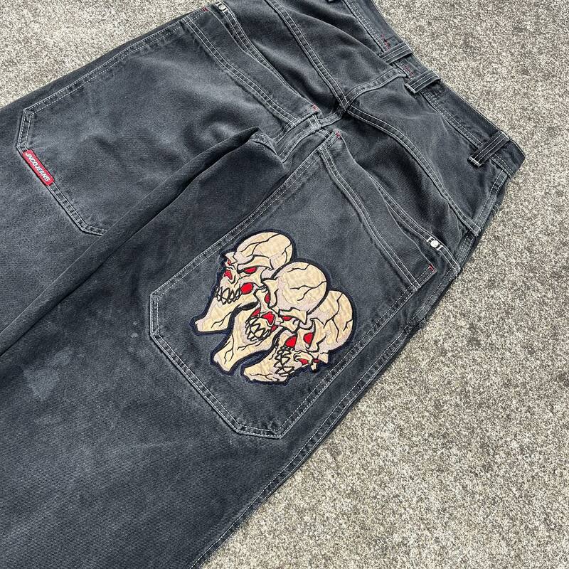 Haft czaszki JNCO spodnie dżinsowe Vintage wydruk graficzny workowate dżinsy spodnie z wysokim stanem dla mężczyzn szerokie z szeroką nogawką Y2k Streetwear