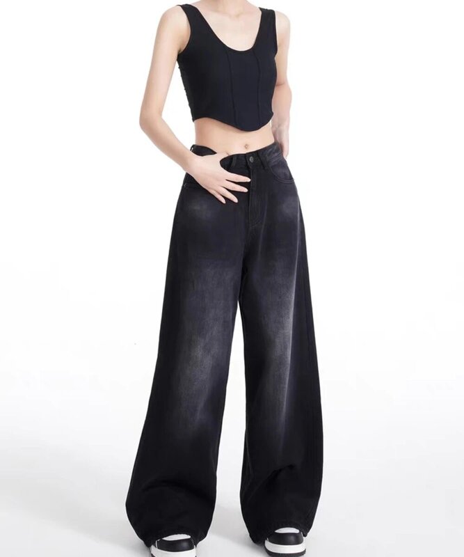 Black Gray Vintage Wide-Leg Jeans Women's 2024 New American Style High Street Mop Pants High Waist Loose Pants Autumn