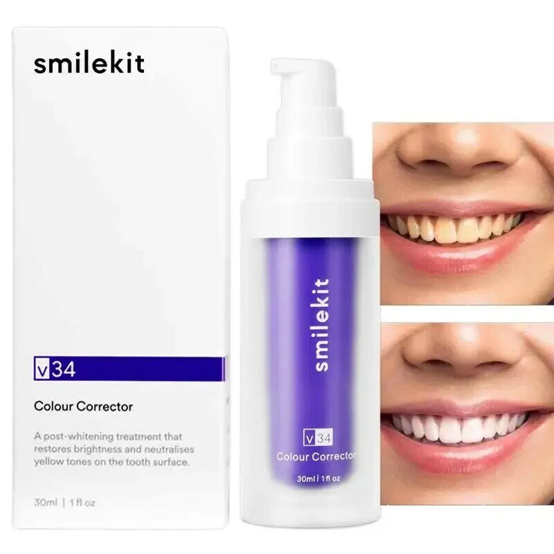 SMILEKIT-Creme dental branqueador roxo, remover manchas, reduzir o amarelecimento, cuidar das gomas dentárias, clarear os dentes, respiração fresca, 30ml, V34
