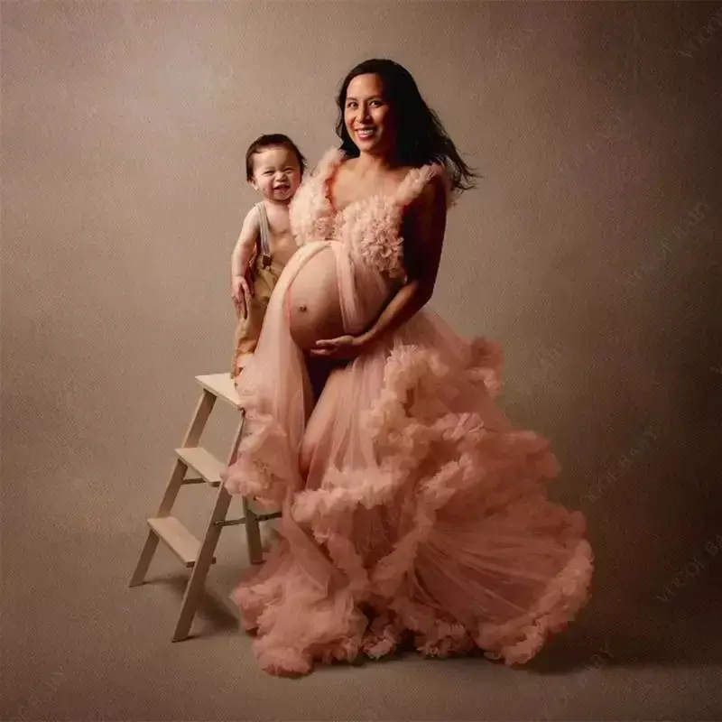 Vestidos de graduación de maternidad rosa, accesorios de fotografía, vestido de baile con volantes para embarazadas, vestido de fiesta de noche, Baby Showers, sesión de fotos
