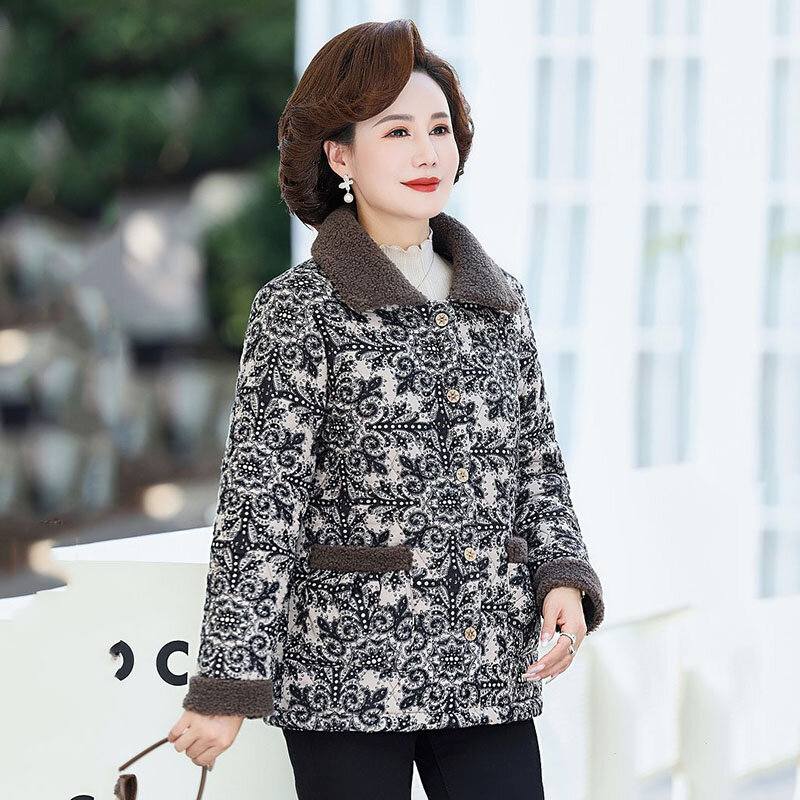 Fashionable Mother-in-law Winter Middle-aged And Elderly Women's Foreign-style Printing Fleece Warm Cotton-padded  Tide.