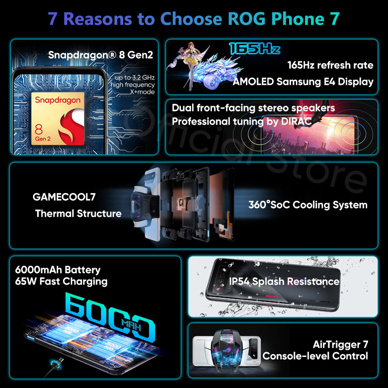 هاتف ASUS ROG جديد لعام 2023 هاتف ألعاب 7 & 7 فائق الدقة 5G سناب دراجون 8 Gen 2 165Hz AMOLED 6000mAh 65 واط شحن سريع للهاتف المحمول