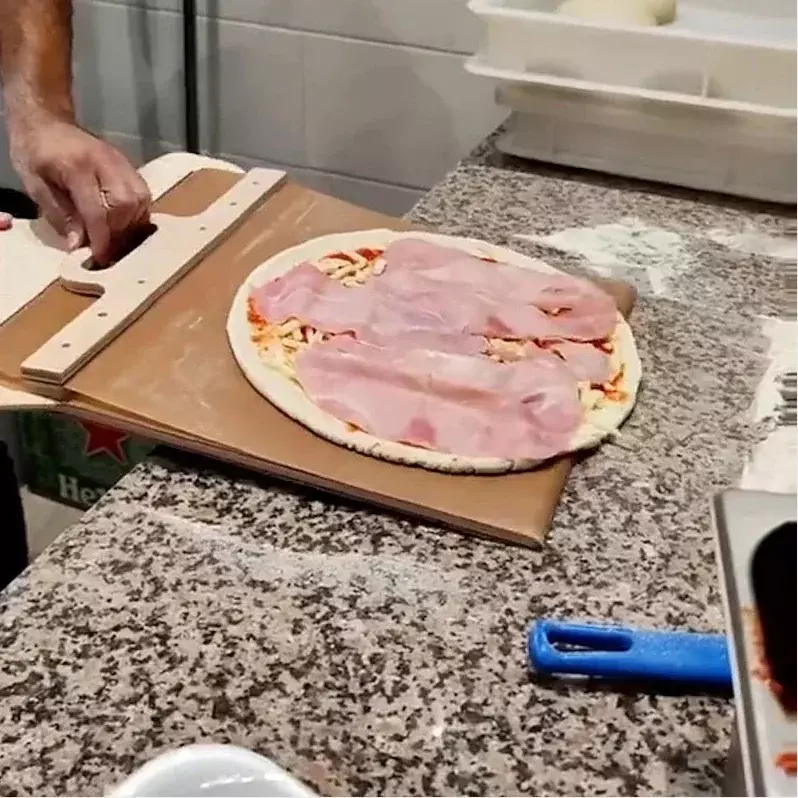 Sendok pizza geser, Spatula dapur pegangan kayu dapat dilipat alat memanggang roti