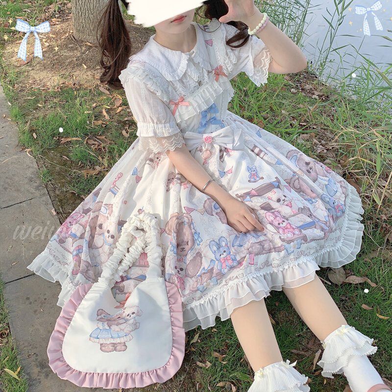 Abito estivo giapponese dolce Girly Lolita Soft Girl senza maniche cinghie Kawaii Bow Ruffles Party Dress Princess JSK Ruffled Dress