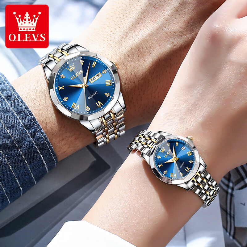 OLEVS-Relógio de pulso quartzo impermeável masculino e feminino, relógios casal, luxo, original, luminoso, espelho losango, data semana, his and her