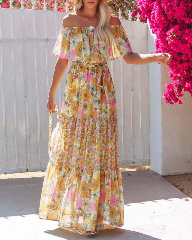 보헤미안 슬래시 넥 오프 숄더 패션 드레스, 주름 가장자리 반팔 꽃무늬 프린트, 우아한 여름 선드레스, 여성 의류