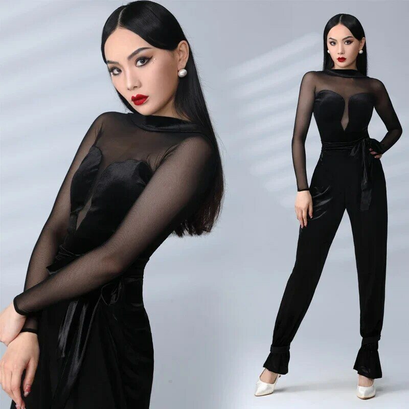 Donne Ballroom Dance Competition Top adulti Modern Dance Top Training Clothes Sexy Mesh Sleeves Velvet Latin Dance Tops
