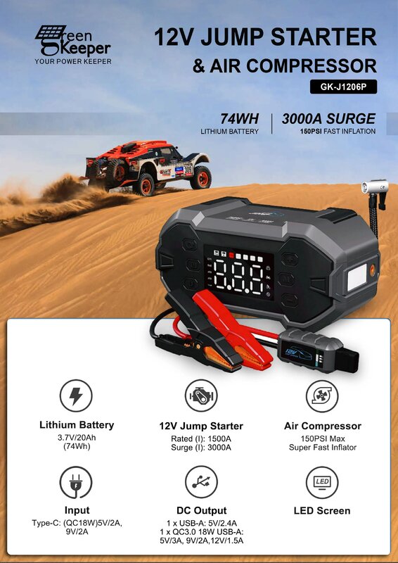 2024 Super High Quality Portable Jump Starter With Air Compressor 3000A Power Bank Tire Inflator Pump 12v Jump Starter
