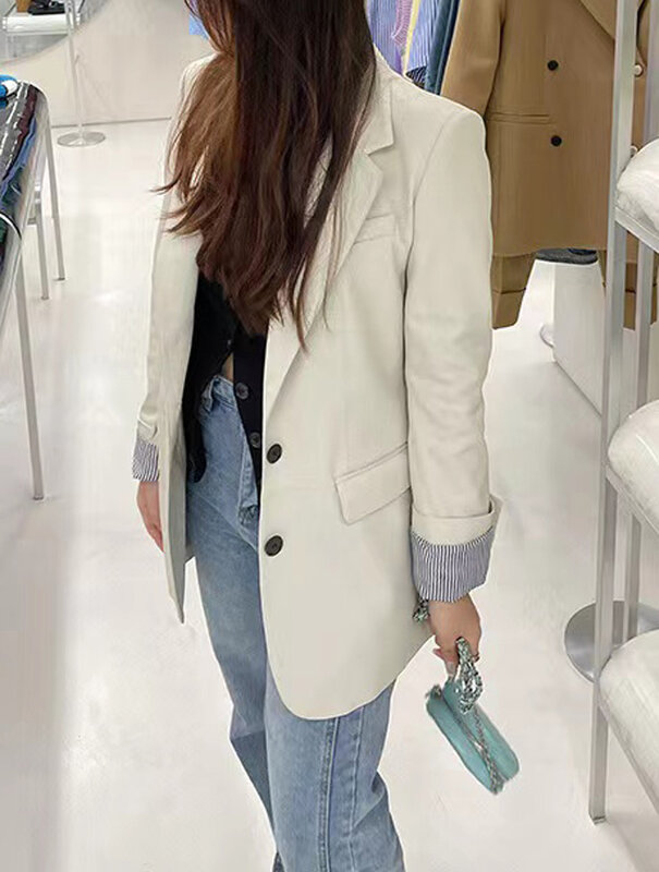 European American Streetwear Leather Jacket For Women Chic Loose Fit Suit Coat Female Flip Pocket Two Bottons White Blazer Mujer