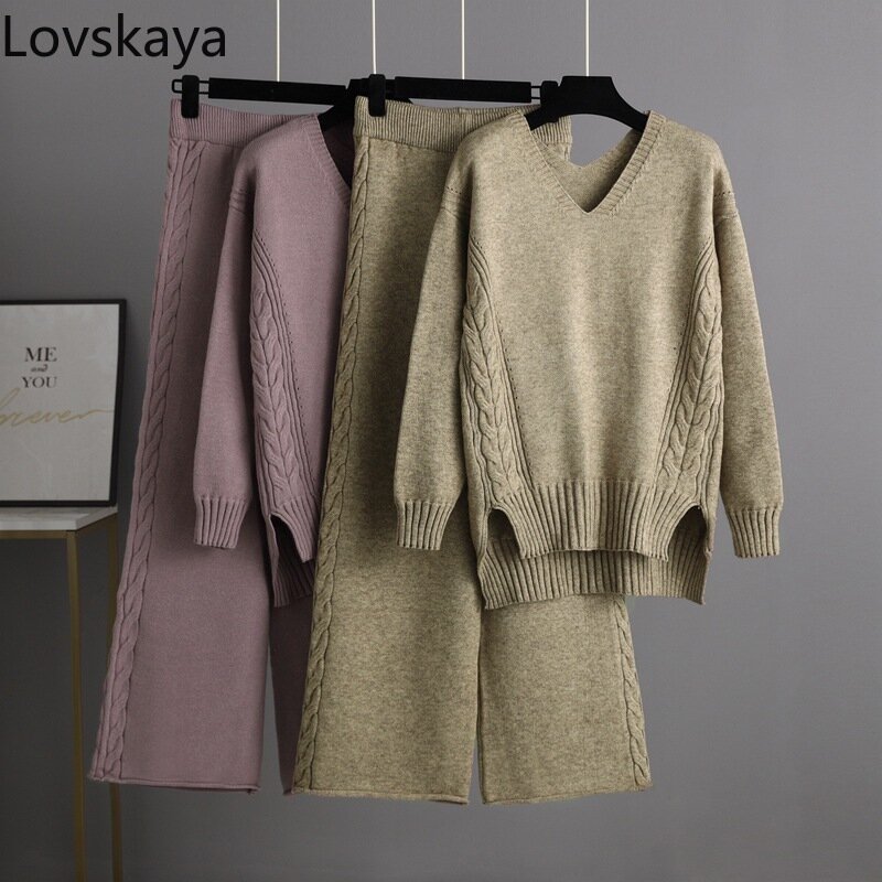 New Korean version loose thick fashionable and stylish two-piece knitted wide leg pants sweater set for women's autumn wear