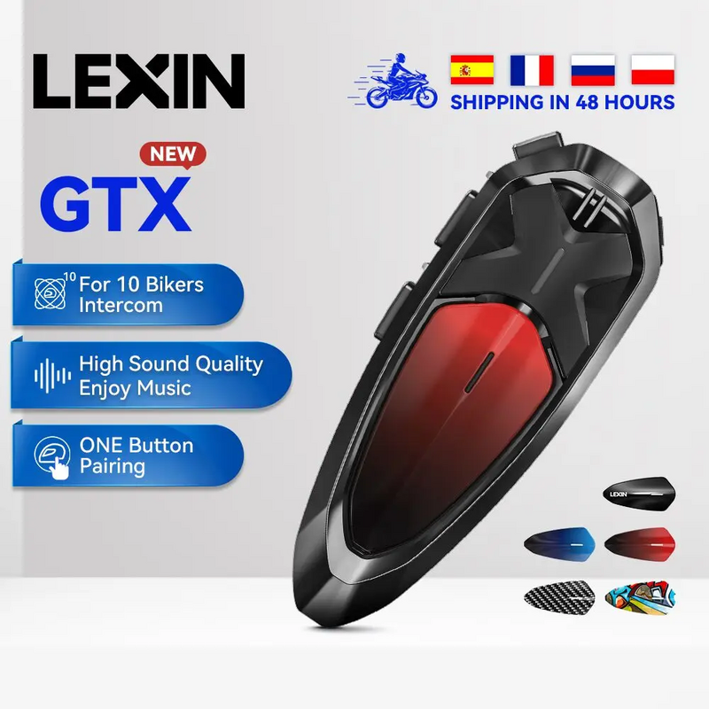 Lexin GTX 블루투스 인터콤, 오토바이 헬멧 헤드셋 지지대, 한 번에 음악 듣기, 10 명의 라이더, 2000m, 1 개