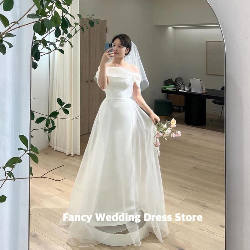 Fancy Simple Sheath A Line Wedding Dress Korea Photo Shoot Short Sleeve One Shoulder Bridal Gown Soft Satin 웨딩드레스 Custom Made