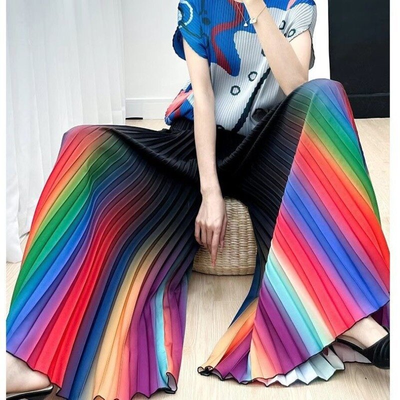 Модные трендовые градиентные эластичные плиссированные свободные широкие брюки с высокой талией женские летние универсальные прямые брюки со складками