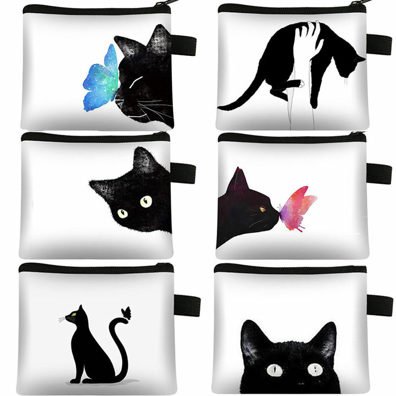 Portafoglio di design simpatico portamonete con stampa gatto nero Shopping da donna Mini portamonete portatile borsa da viaggio ID carta di credito portafoglio piccolo