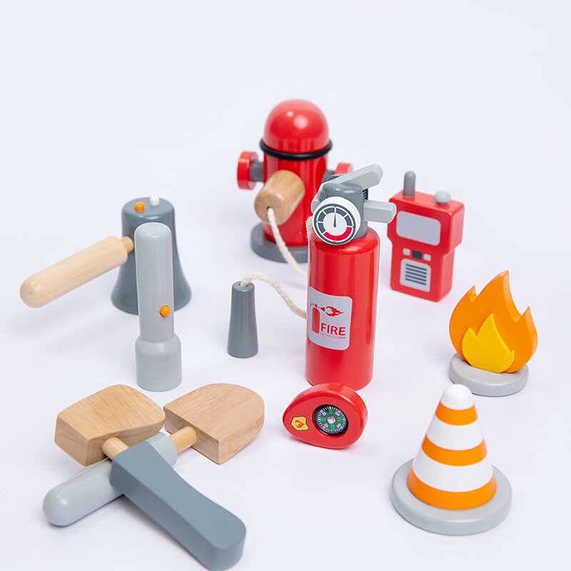 Set Permainan Peran Pemadam Kebakaran Mainan Kayu Simulasi Cosplay Kostum Permainan Interaktif Anak Laki-laki Perempuan Hadiah Hari Anak-anak Mainan Kayu untuk Anak-anak