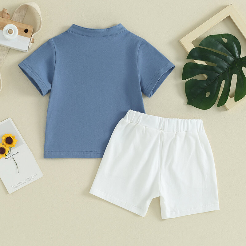 Visogo-伸縮性のあるウエストショーツを備えたモノクロの半袖Tシャツ、幼児の男の子のためのカジュアルな衣装、夏の服、henley、2個