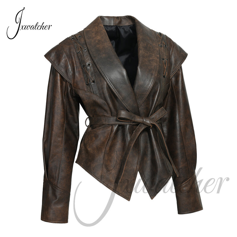 جاكيت Jxwatcher من الجلد الطبيعي مع حزام للنساء ، معطف نحيف من جلد الغنم للسيدات ، وصل حديثًا وأنيق ، الخريف والربيع