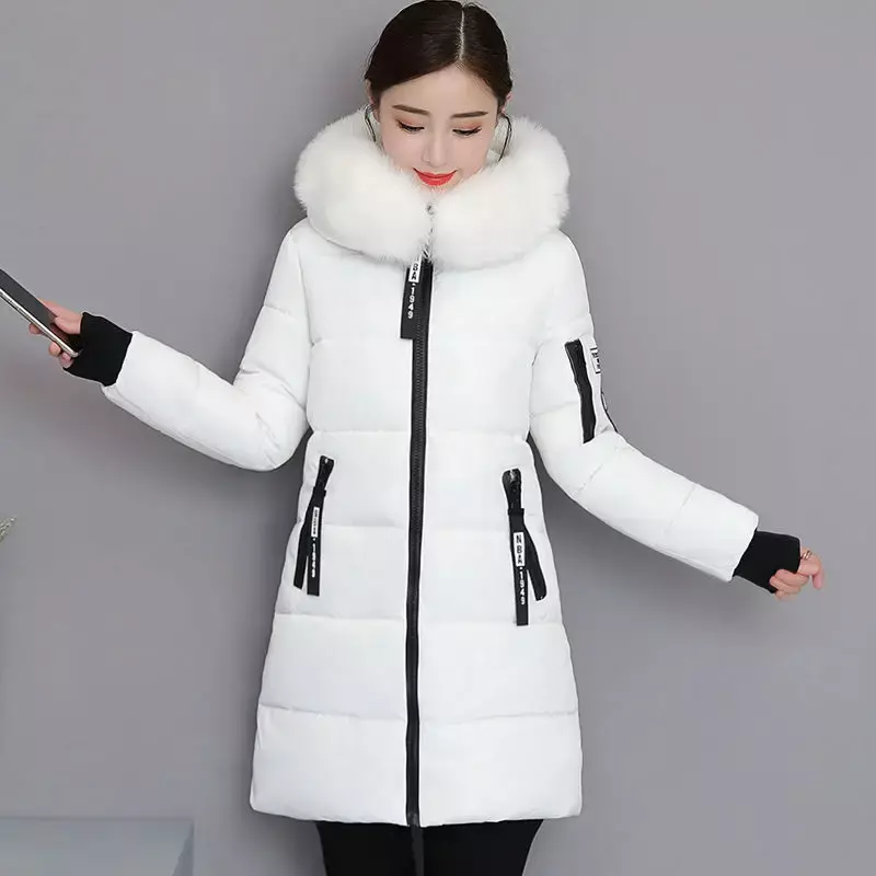 Зимняя женская одежда, хлопковое пальто средней длины, корейская модная куртка, пальто с большим меховым воротником, сохраняющее тепло, приталенный силуэт с капюшоном, дизайнерская