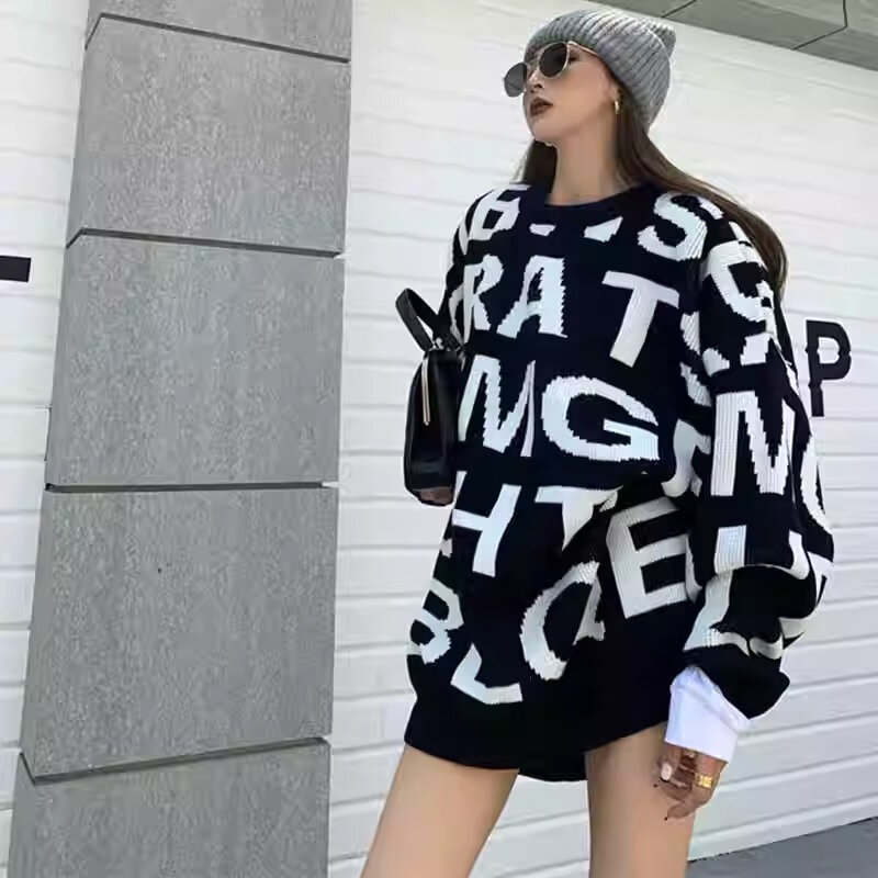 Fashion Women Sweaters Autumn Winter Loose O Neck Letter Pullovers High Street Long Sleeve Top Warm Knitwear Oversized Jumpers