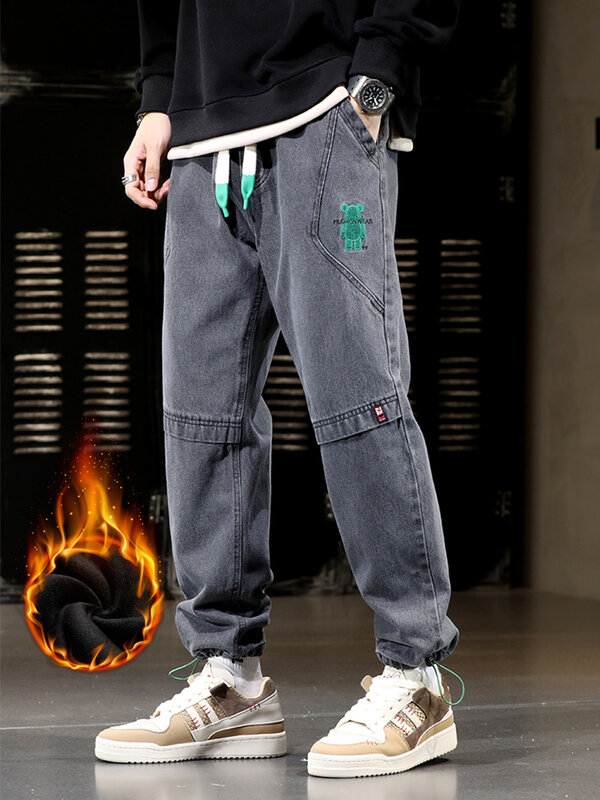 Plus Size Winter Men Jeans Fleece Lined Thick Warm Black Joggers Fashion Streetwear Cotton Casual Thermal Harem Jean Pants 8XL