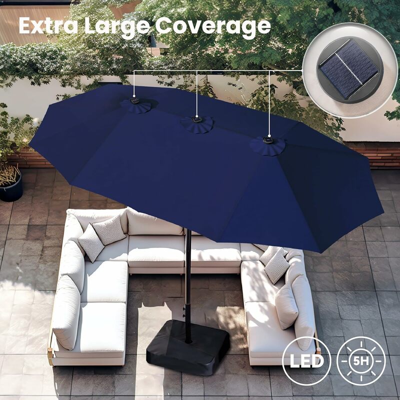 Parapluie rectangulaire double face avec lumières solaires, PHI Irus LA, grand parapluie, marché extérieur, 36 lumières LED, 15 pieds