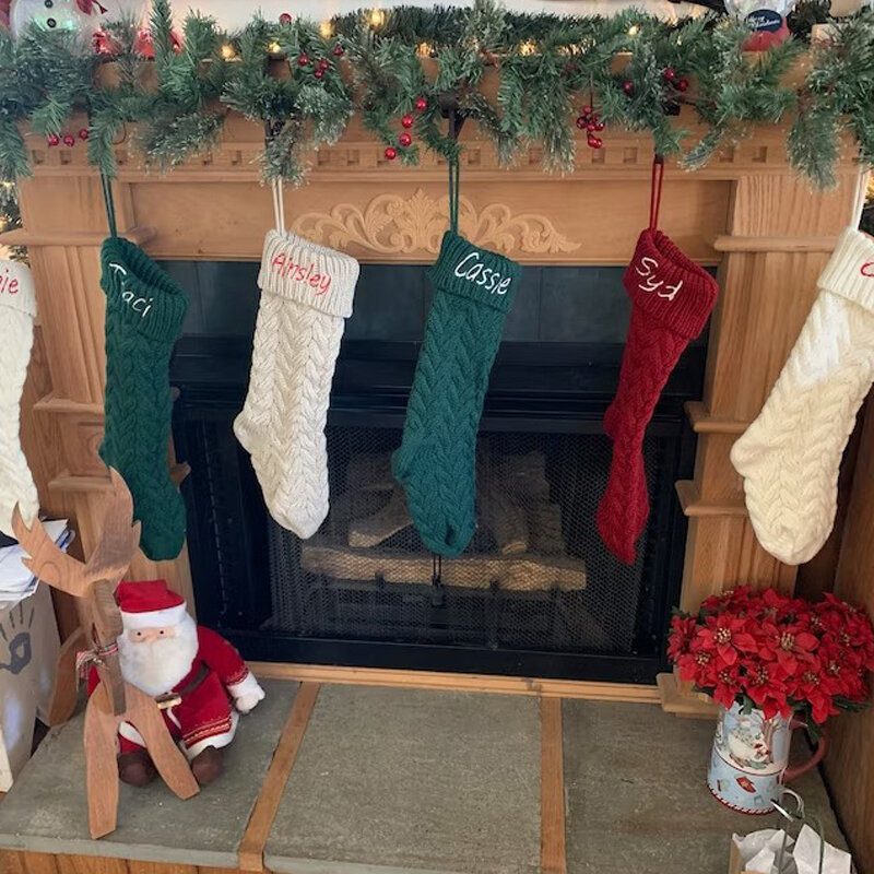 Вышитые вязаные рождественские носки, Рождественские декоративные принадлежности, Подарочный мешок, шерстяные рождественские носки