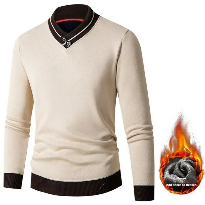 Suéter masculino de malha slim fit com decote em v, cor contrastante, pulôver grosso quente, roupa interior térmica, outono