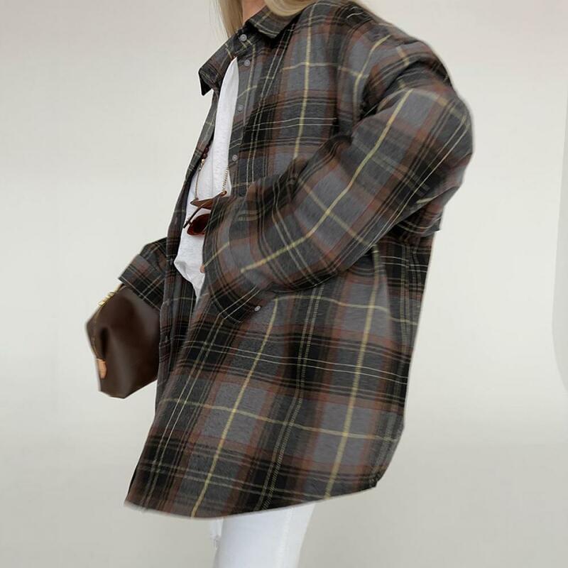 Camisa xadrez retrô feminina com gola lapela, camisa de peito único escovada, manga comprida, camisa de bolso fit, streetwear, primavera