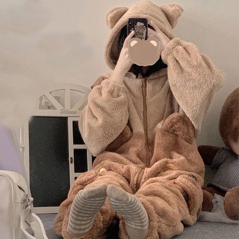 Brązowa marchewkowa niedźwiedź zwierzęcy kostium piżama dla dorosłych stylowa, indywidualna, ujmująca jesienna i zimowa, ciepła odzież damska karoset