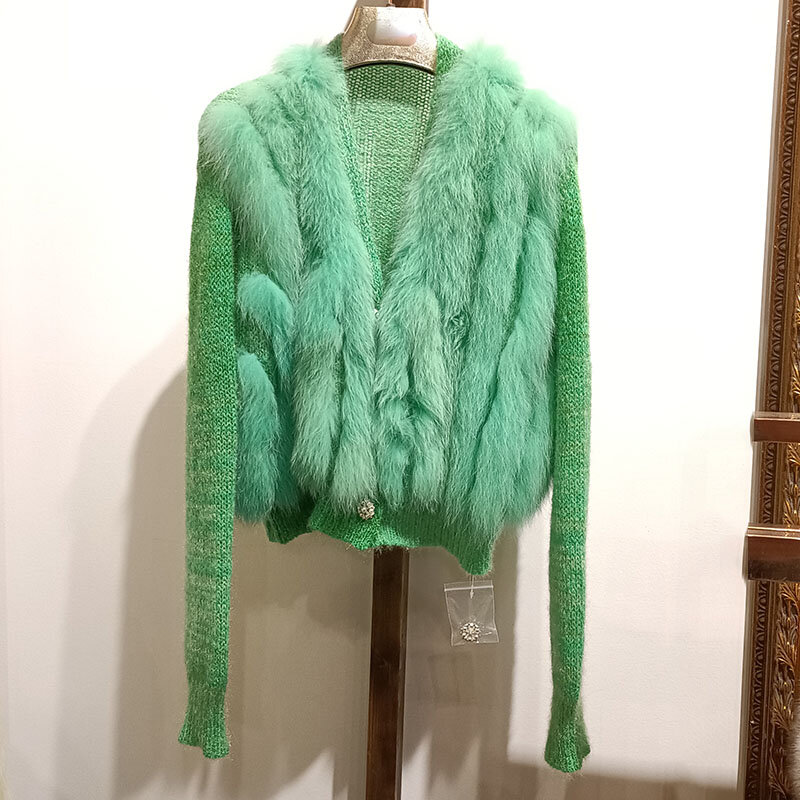Kobiety wiosenna, krótka sweter dziergany płaszcz z prawdziwe futro z lisa futro luźna moda kurtka z naturalnego futra lisa swetry damskie