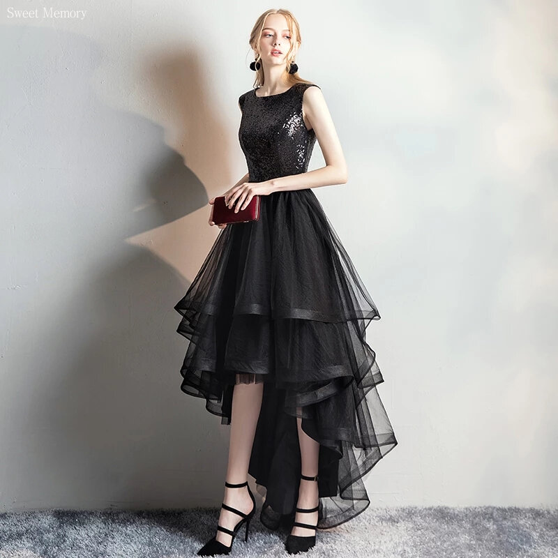 2024 Sweet Memory Little Black Dresses for Elegant O-neck Short Front Long Back Evening Dress Sequins Banquet Party Prom Robe