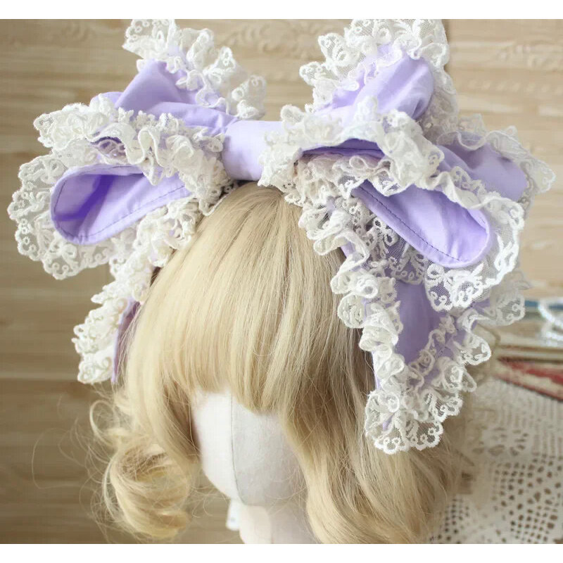 Handgemachte Fee Kopf bedeckung weiche Mädchen Spitze Rand großen Bogen Haar Reifen japanische Haarband süße süße Prinzessin Haarschmuck