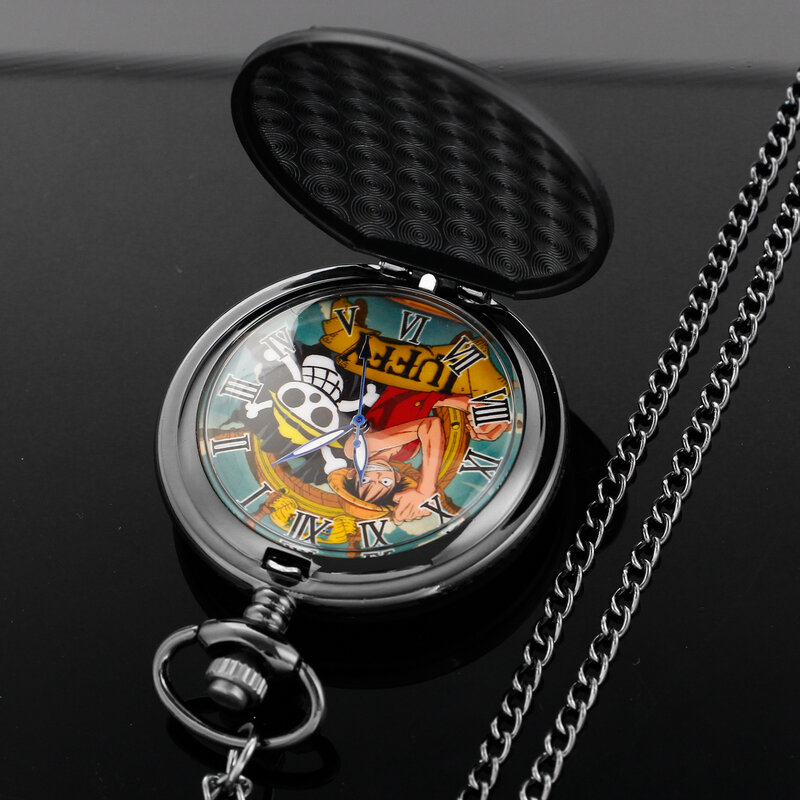Popular Japanese Cartoon Anime Yellow Hat Pirates Quartz Pocket Watch Exquisite Necklace Pendant Best Gift for Men and Children