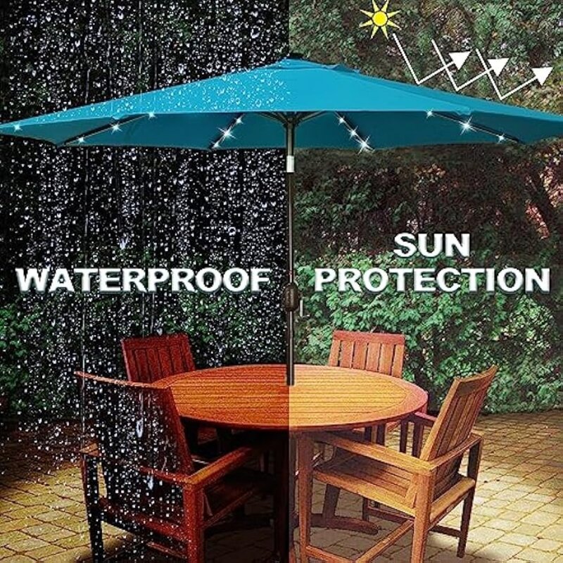 Blissun 태양열 우산, 32 LED 조명, 파티오 우산 테이블, 시장 우산 틸트 및 크랭크, 야외 우산 정원 (Cerulean), 9 피트