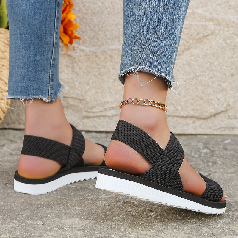 Sandálias planas antiderrapantes para mulheres, sola de cor combinando, cadarço preto puro, roupa confortável, tendência da moda