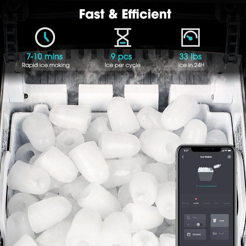CROWNFUL 스마트 제빙기, 앱 리모컨 제빙기, 7-10 분 안에 9 개의 총알 얼음 준비, 24 시간 안에 33lbs